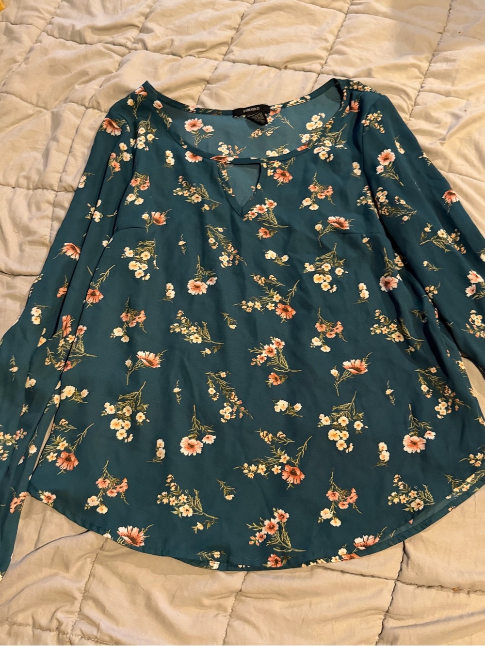 Forever 21 Teal Floral Long-Sleeve Blouse